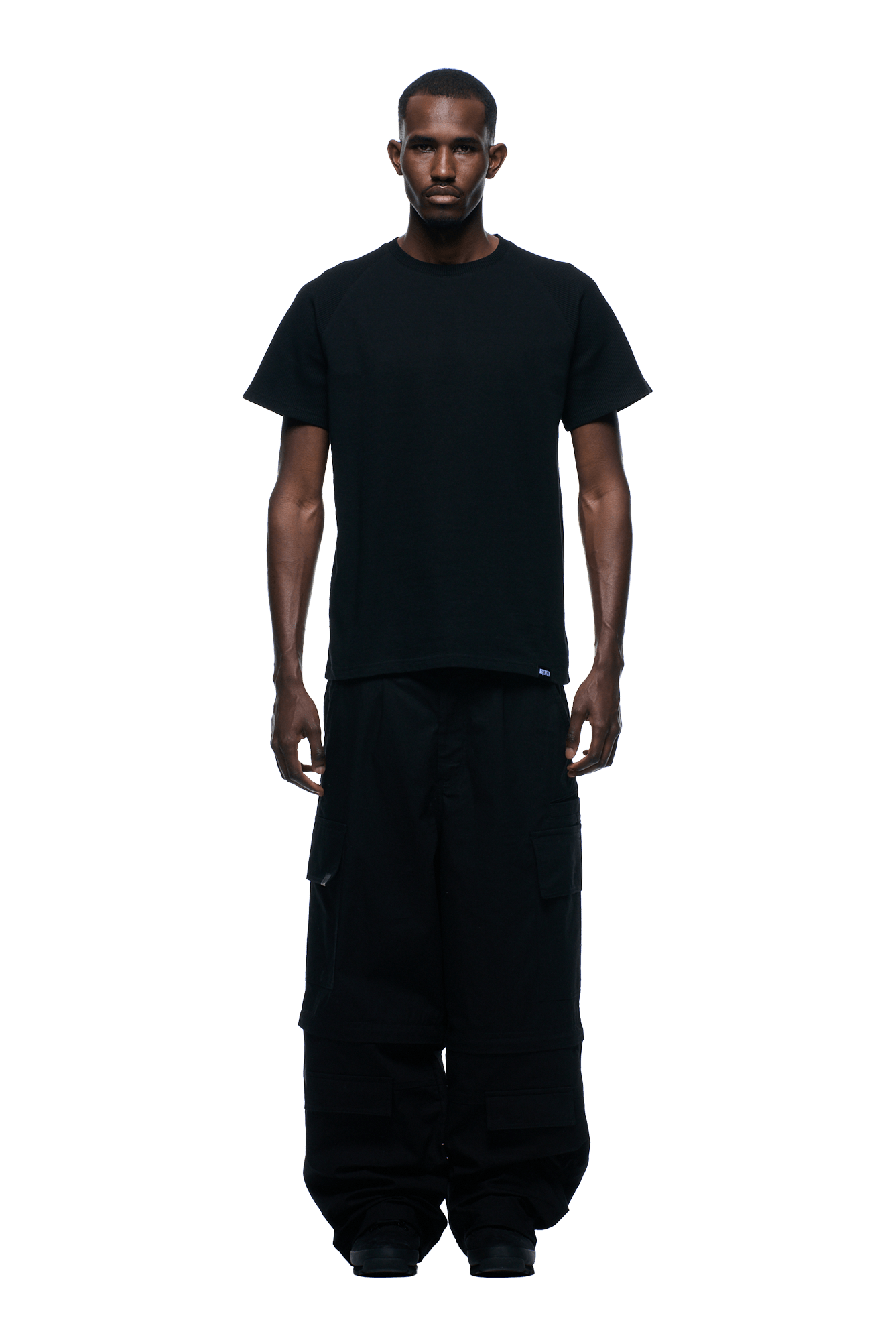 Raglan-T-Shirt mit Waffelärmeln, schwarz