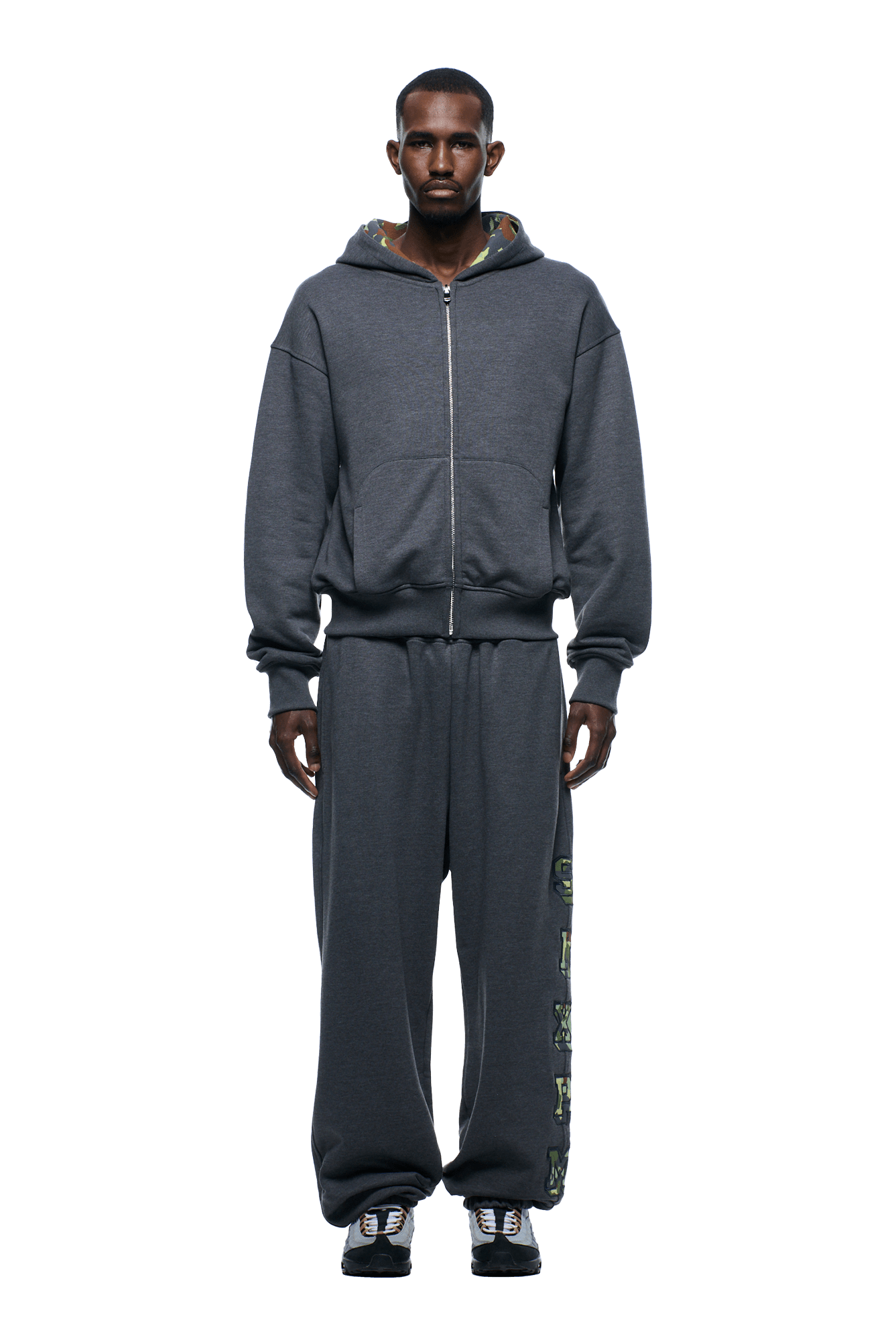 Kapuzenpulli mit Waffelfutter und Reißverschluss, graues Camouflage